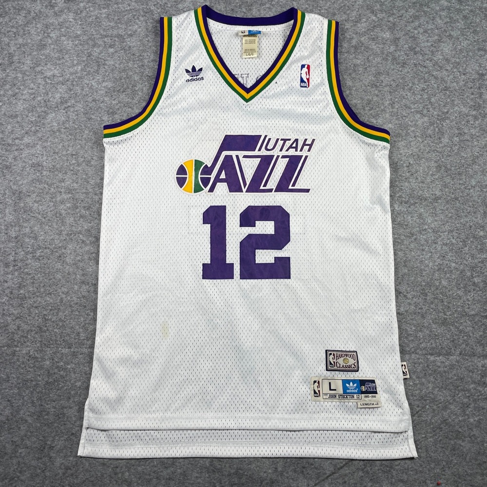 Vintage John Stockton Utah Jazz Adidas Jersey Mens L White 12 Hardwood Classics